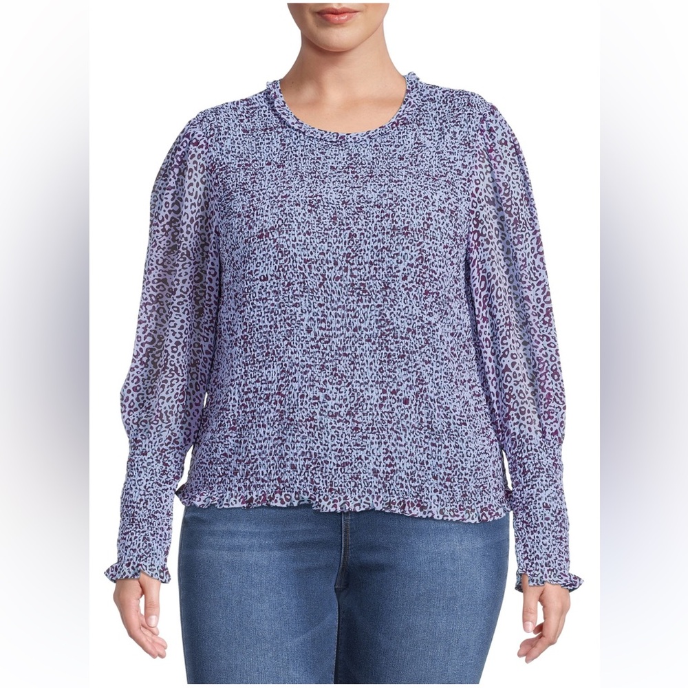 Women Terra sky Plus Size Long Sleeve SZ 2X Smocked Top blue purple animal print